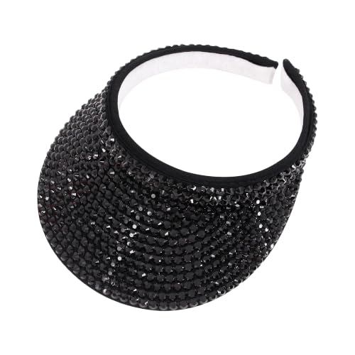 Haoohu Shiny Rhinestones Clip On Sport Sun Visor Hat for Women Men Outdoor Adjustable Wide Brim Summer Cap - color: Black Rhinestone