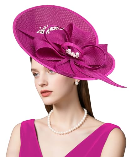 dressfan Vintage Fascinator Hats for Women,Linen Pearl Fascinator for Derby Church Wedding Tea Party - color: Fushia