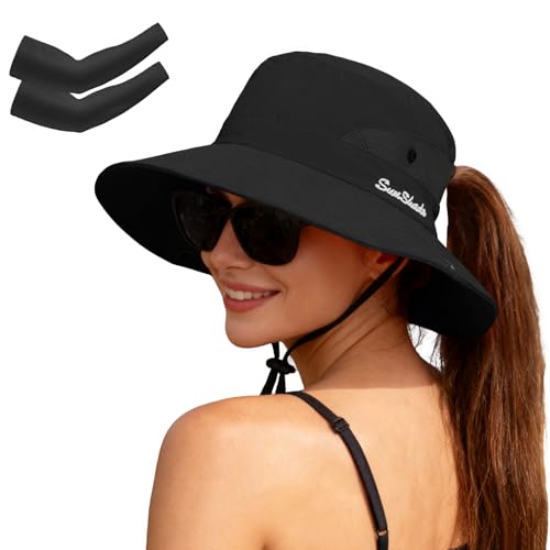 ZOORON Women's Ponytail Safari Sun Hat,Wide Brim UV Protection Bucket Hat - color: 1-black/Arm Sleeves