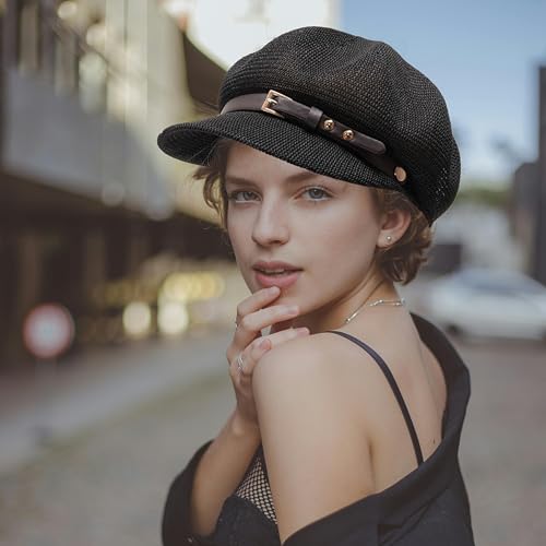 Lightweight Newsboy Cap Beret Breathable Mesh Sun Hat Beach Hats for Women - color: Black
