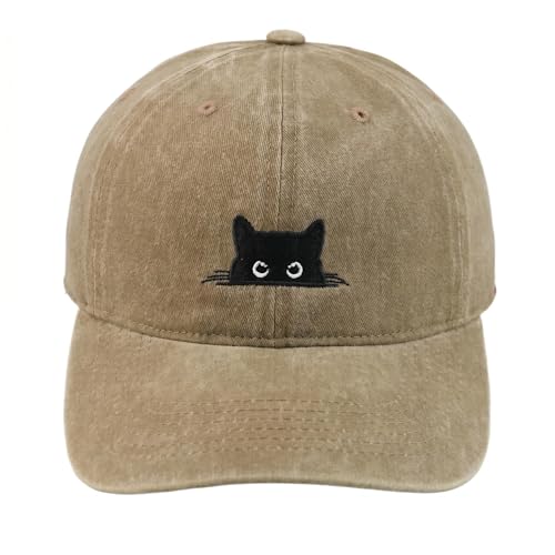 Peeking Black Cat Embroidered Washed Baseball Cap, Adjustable Vintage Dad Hat for Cat Lovers Unisex - color: Khaki