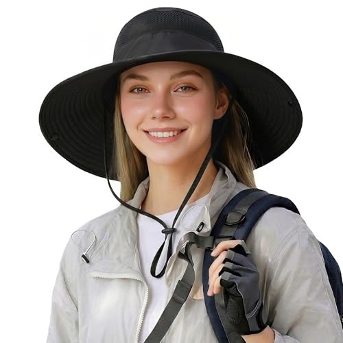 HUAMULAN Men Women 6" Wide Brim Sun Hat Summer Fishing Hats UV Protection - color: Hyp017-black