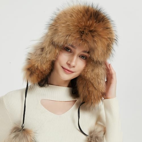 Women Real Fur Trapper Hat Sheepskin Leather Aviator Hat Ear Flaps Ushanka Hat Snow Hat with Pom Pom - color: Raccoon