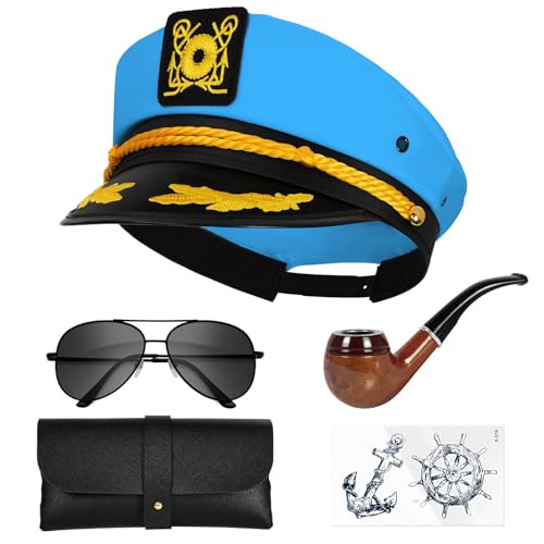 dodowin Captain Sailor Hat Set for Women Men, Yacht Rock Party Costume 4pcs - style: Blue Captain Hat Set