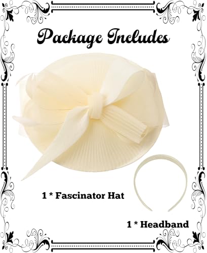 Kidukso Fascinators Hats for Women Derby Hats Tea Party Hat Mesh Headwear with Feather for Church Cocktail Wedding - color: Beige