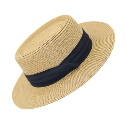 Straw Sun Hat Wide Brim Panama Boater Hat for Women & Men - Lightweight Foldable Summer Beach Hat for Vacation - color: Black