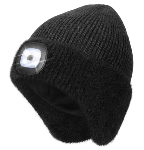 MELASA Winter Fleece Lined LED Beanie with Earflap, Warm Hats with Light - color: Slate Gray