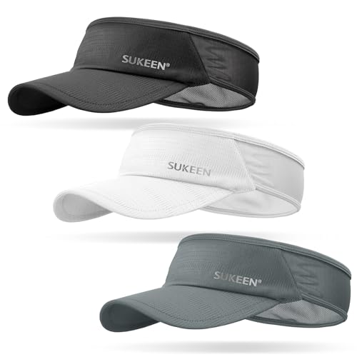 Sukeen 3 Pack Sports Sun Visor Men Women Lightweight Packable Cooling Stretchy Visor Hat for Running, Tennis, Golf - color: Black/White/Grey