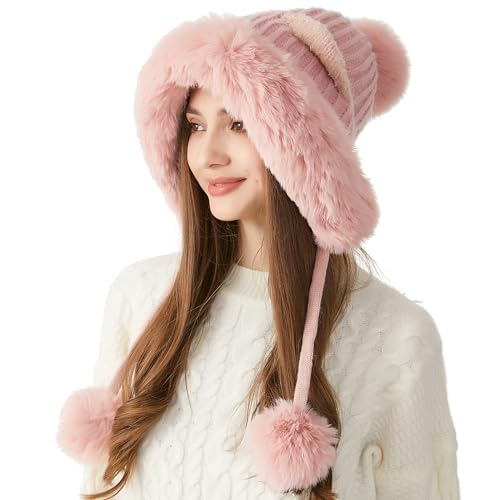 HUAMULAN Women Winter Sherpa Beanie Hats Knit Ear Flaps Fleece Lined - color: Pink
