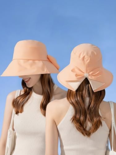 Women Bowknot Wide Brim UPF50+ Foldable Travel Beach Sun Hat - color: Peach Pink