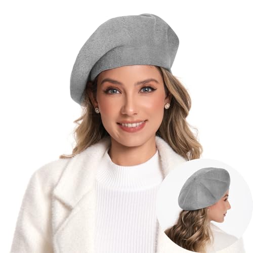 Women's Knitted Beret, French Style Double Layer Winter Autumn Warm and Soft Beanie Hat Cap - color: Light Gray