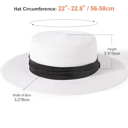 DRESHOW Women Straw Panama Hat Travel Fedora Beach Sun Hat Summer Wide Brim Straw Roll up Hats UPF 50+ - color: 1 Pack Boater Hat: White With Black Band