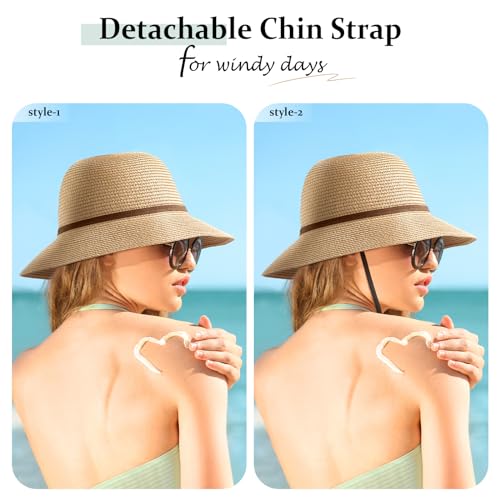 Tavaleu Sun Beach Hats for Women Wide Brim Straw Hats Foldable Summer Hat - color: 9cm-khaki Strap
