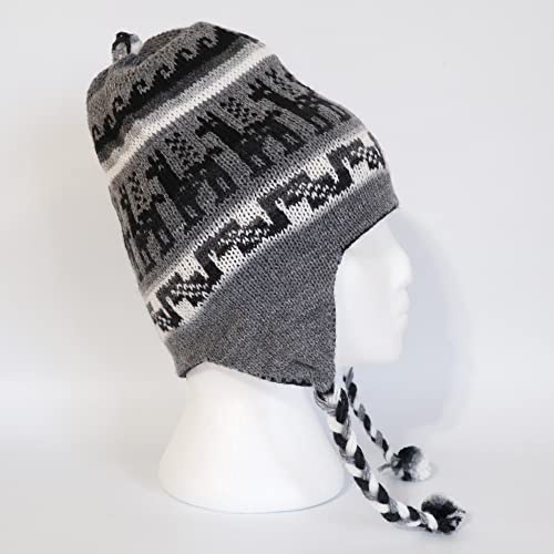 Alpaca Wool Blend Winter Hat Chullo Inca Peruvian Design Reversible with Earflaps. Beanie Medium Size. Unisex - color: Black/Dark Gray