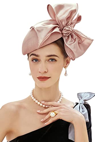 BABEYOND Fascinators Hats for Women Linen Satin Pillbox Bow Derby Tea Hat - color: Nude Pink