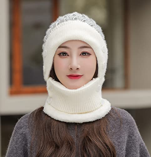 HUAMULAN Women Winter Knit Balaclava Fleece Lined Hooded Beanie Hats - color: Cream White, size: One Size