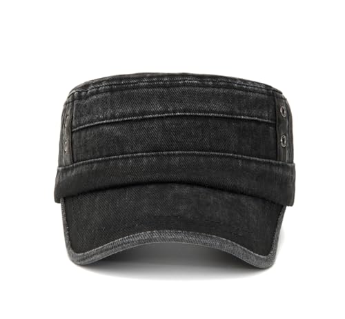 Military Cadet Army Cap for Men Women-Washed Cotton Vintage Adjustable Flat Top Baseball Hat - color: Vintage Black