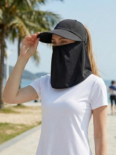 Outdoor Wide Brim Sun Hat Visor for Women, Detachable Face & Neck Cover, Hiking Gardening UPF 50+, Ponytail Friendly - color: Black