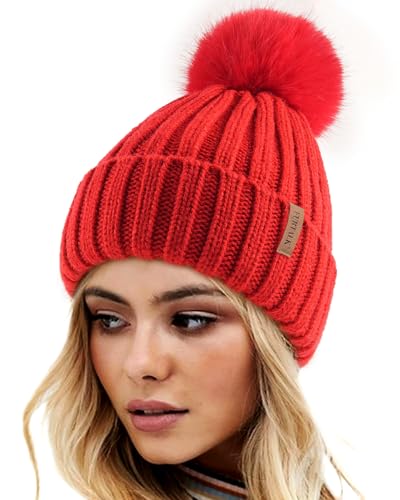FURTALK Womens Winter Knitted Beanie Hat with Faux Fur Pom Warm Knit Skull Cap Beanie for Women - color: Red With Red Pom