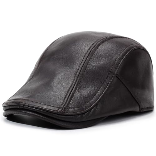 Men's Lambskin Leather Newsboy Flat Cap Gatsby Ivy Cap Driving Hat - color: Brown