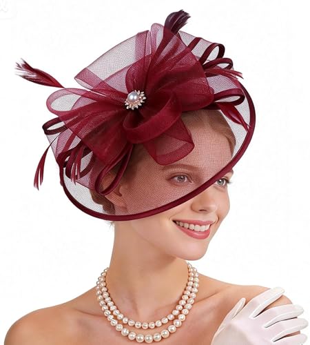 Zinniday Victoria Tea Party Hat - Vintage 1920s 50s Feather Mesh Kentucky Hat 2026 Derby Fascinator for Funeral Church Prom - color: Wine Red