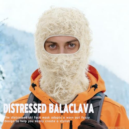 Distressed Ski Mask Balaclava, Yeat Shiesty Knitted Full-Face Mask - color: Beige