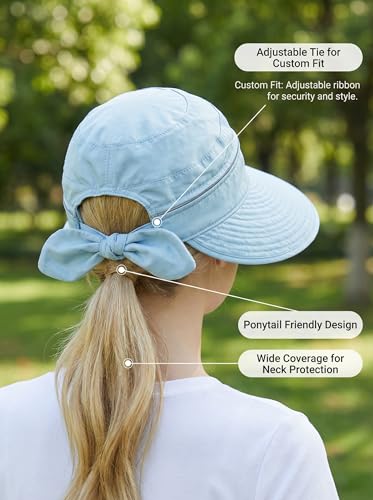 2-in-1 Women’s Sun Visor Sun Hat Zipper Off Ponytail Friendly, Lightweight Quick Dry, Summer UV Protection - color: Light Blue