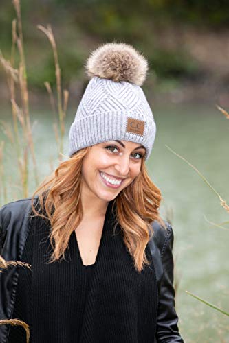 Funky Junque Mommy & Me Double Pom Beanies 3-Pack Matching Winter Hats for Mom, Toddler & Infant Girls, Cozy Knit Family Set - color: Diagonal Basketweave - Heather Grey
