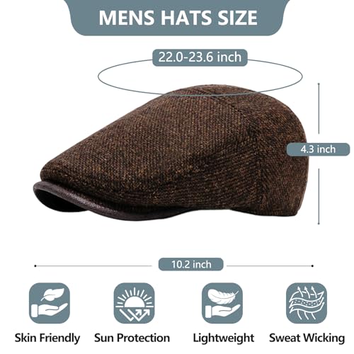 meioro Mens Wool Blend Tweed Newsboy Flat Cap Gatsby Irish Cabbie Ivy Cap Adjustable Newsboy Hat Warm Fleece Winter Hats - color: Coffee