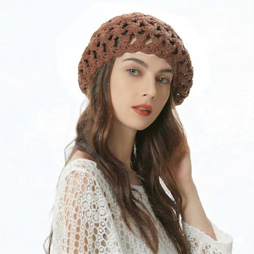 ZLYC Women Cotton Slouchy Crochet Beret Handmade Cutout Floral Beanie Hat - color: Khaki