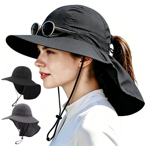 2Pack Sun Hat for Men Women with Neck Flap - color: 2pcs-black&gray