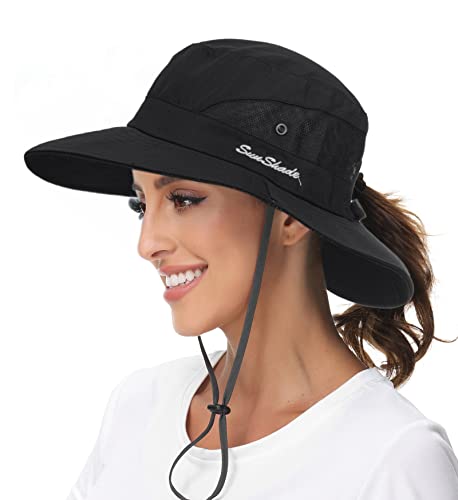 Sun Hat for Women Summer UV Protection Beach Hat with Ponytail Hole - color: Black(with Ponytail Hole)