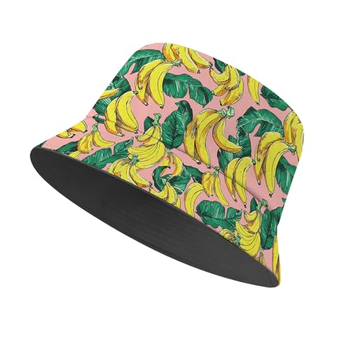 Amasnay Funny Bucket Hat Cotton Double-Side-Wear Reversible Sun Hat for Women Men, Summer Vacation Travel Beach Fisherman Hat - color: Pink Banana