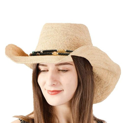 Raffia Straw Cowboy Hat,Women's Crocheted Summer Straw Hats, Classic Beach Sun Hats - color: New Natural, size: Large