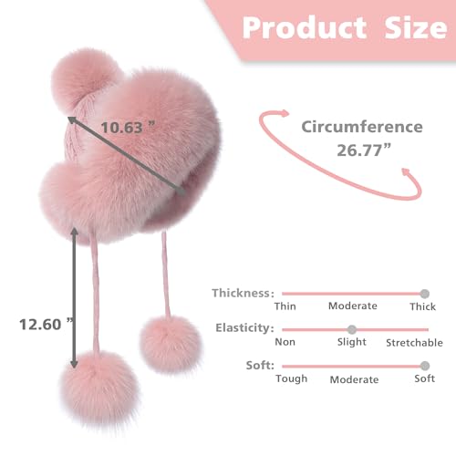 Winter Hats Cute Kint Hat Russian Fur Crochet Hat Slouchy Beanies with Pompom Warm Fuzzy Snow Cap Trapper Hat for Women - color: Dark Pink