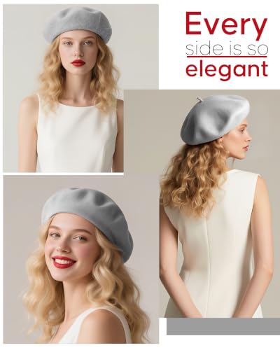 French Beret Hats for Women - Wool Solid Color Beanie Cap - color: Grey