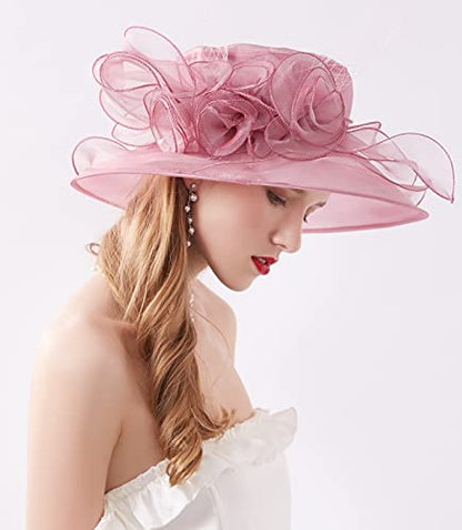 Women Derby Fascinator Hat Organza Church Wedding Hats Wide Brim Cocktail Tea Party Hat - color: 12 Pink