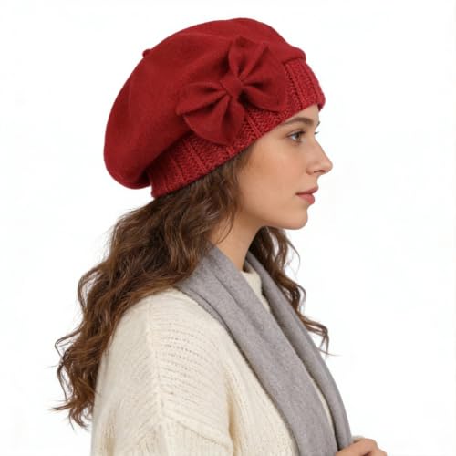 Women’s Vintage Wool Beret Winter Hats Elegant French Beret Beanie Dress Hat for Ladies - color: Claret