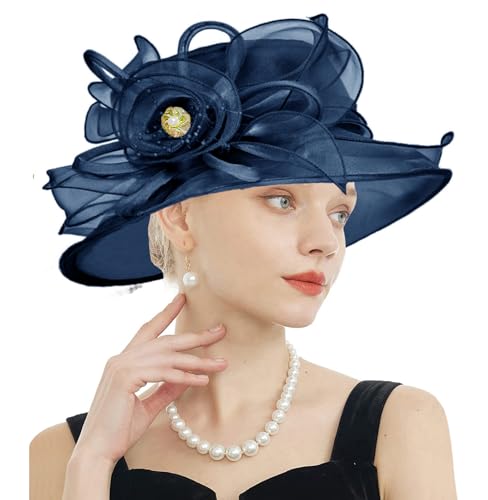 Women's Kentucky Derby Church Dress Hat Wide Brim Leaf Flower Bridal Shower Hat - color: F13 Navyblue