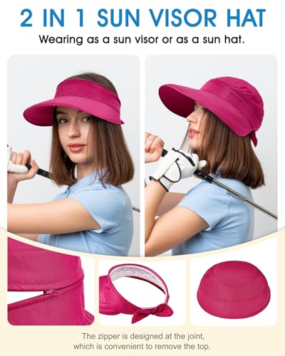 Century Star Sun Hat for Women Wide Brim Zip-Off Beach Hat Visor Ponytail UV Protection Summer Visors - color: Rose Red