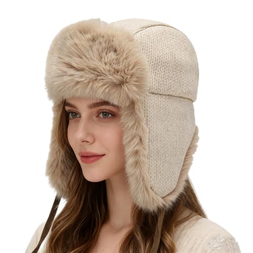 Winter Fuzzy Knit Trapper Hat with Faux Fur Earflap Fleece Lined Windproof Russian Ushanka Cap Ski Snow Hunting Hat - color: Khaki