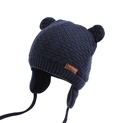 BAVST Baby Beanie Hat for Winter with Earfalp Cute Bear Kids Toddler Girls Boys Warm Knit Cap 0-2Years - color: Bear Ear 2-navy, size: 0-6 Months