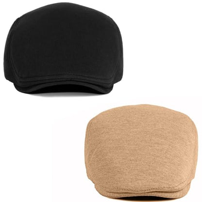 2 Pack Newsboy Cap for Men Women Flat Cap Beret Ivy Cabbie Hat - color: Black + Khaki
