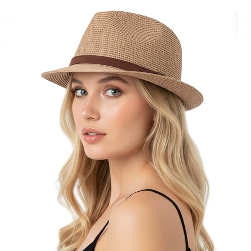 Straw Sun Hat for Men Women Short Brim Beach Trilby Hat UPF 50+ - color: Brown Belt Khaki