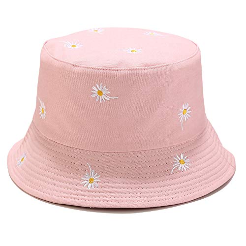 Womens Embroidered Daisy Bucket Hat Reversible Packable Beach Sun Hat - color: Daisy Pink/Plain Pink