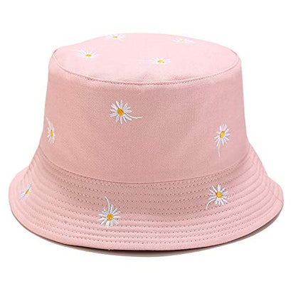 Womens Embroidered Daisy Bucket Hat Reversible Packable Beach Sun Hat - color: Daisy Pink/Plain Pink