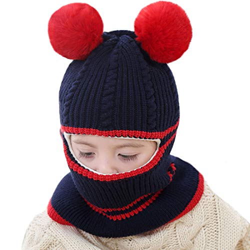 Toddler Winter Hat Baby Balaclava 2 in 1,Fleece Lined Knitted Beanie with Face Mask, Ear Flaps & Pom Pom for Boys Girls - color: Bear-dark Blue
