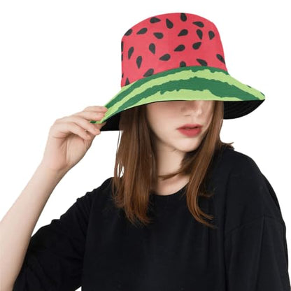 Reversible Bucket Hat for Women Men, Cotton Packable Summer Sun Hat, Double-Side-Wear Fisherman Cap for Beach Travel Hiking - color: Mz-watermelon Hat