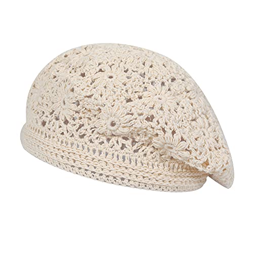 ZLYC Women Cotton Slouchy Crochet Beret Handmade Cutout Floral Beanie Hat - color: Plain Beige