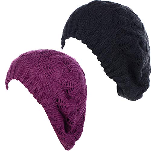 BYOS Women Mid-Weight Slouchy Leafy Cutout Crochet Soft Knit French Beret Hat - color: 2-pack-mulberry Purple & Bk